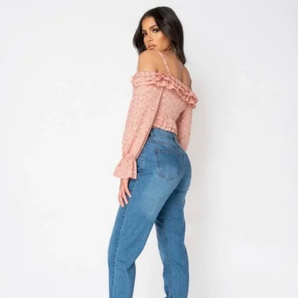 Pink Ditsy Floral Print Long Sleeve Cold Shoulder Ruffle Crop Top - Picture 6 of 15